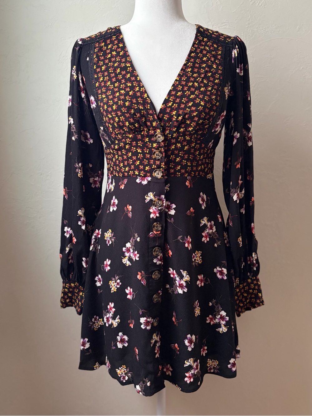 Altar’d State Black Floral Button Front Mini Dress Long Sleeve Size S